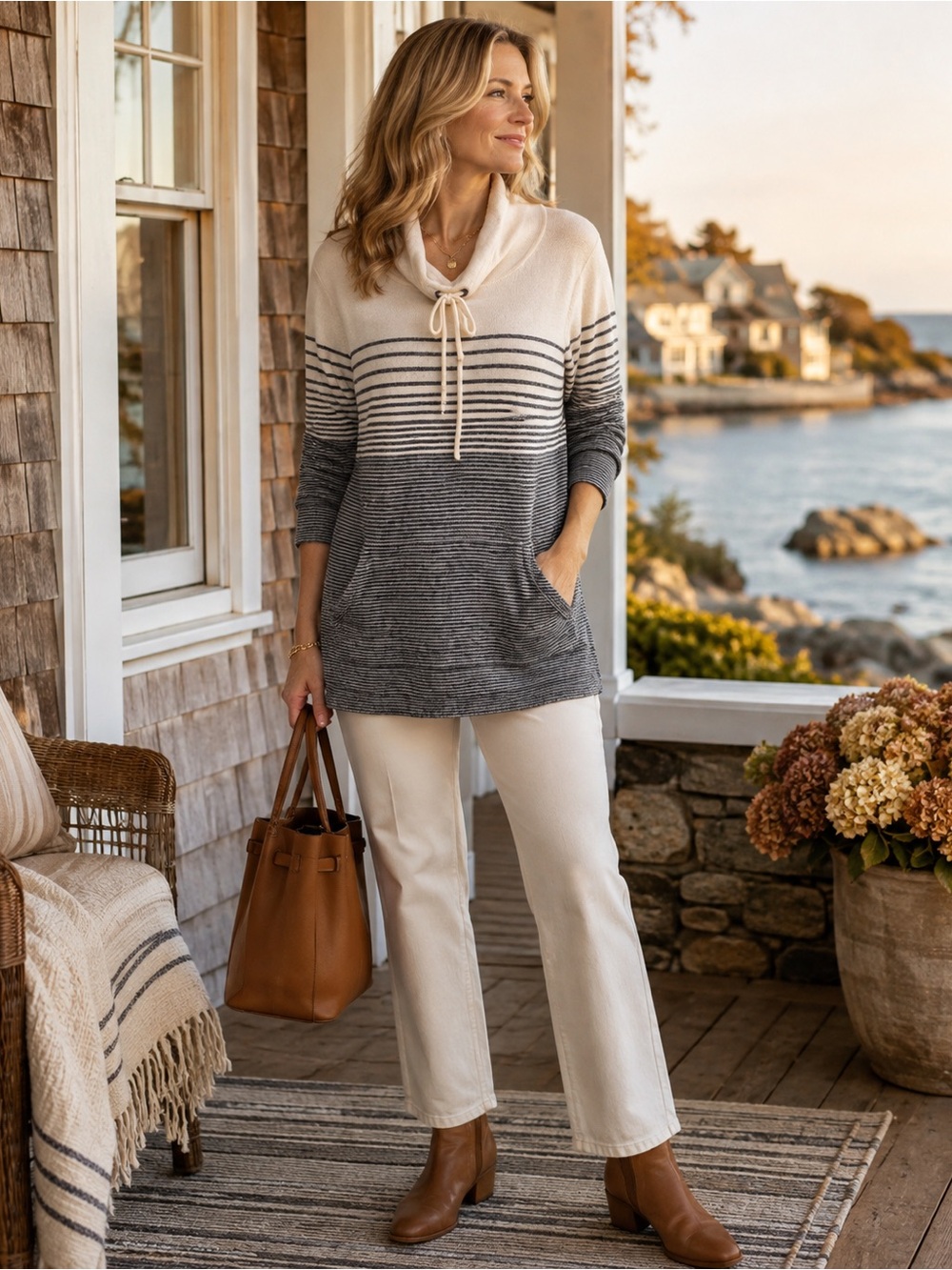 Talbots L Lambswool Blend Ombré Striped Cowl Neck Tunic Sweater